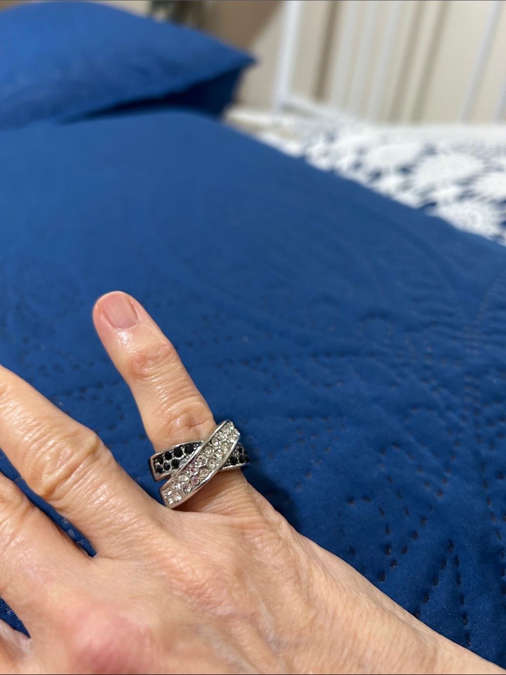 Crystal-Accented Crossover Ring in Silver and Black